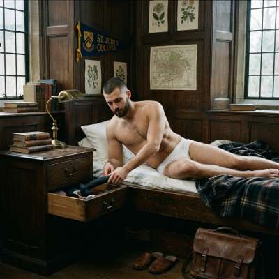 In the quiet of his dorm, a student reaches for the massive dildo in his drawer—tonight, the academy’s halls will hear his...