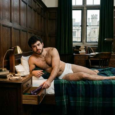 In the quiet of his dorm, he pulls out a massive dildo from the drawer, his mind racing with fantasies of the academy’s...