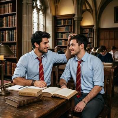 In the hallowed halls of the prestigious academy, a tender moment unfolds as one student gently adjusts his companion's hair...
