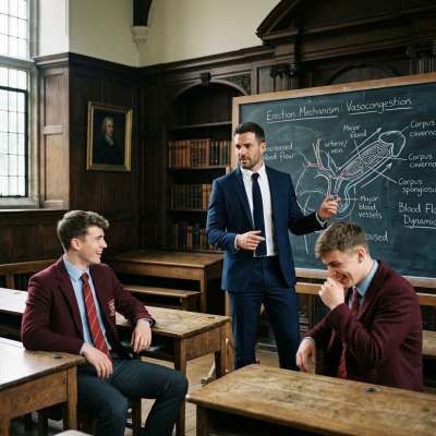 In the hallowed halls of the academy, two students share a laugh as the professor explains the mechanics of an erection. The...