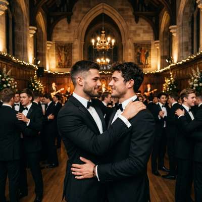 The grand hall hums as tailored jackets brush against starched collars, two bodies swaying in perfect sync beneath crystal...