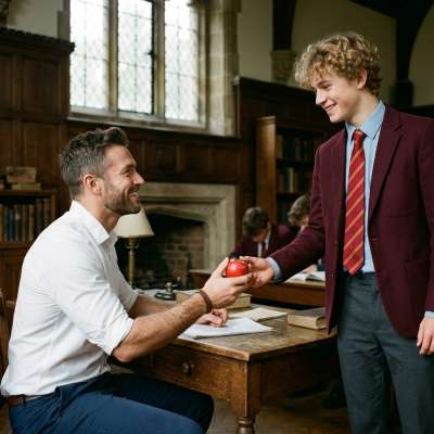 The scent of ambition lingers in the air as you present your offering—a ripe, crimson apple—to the distinguished professor....
