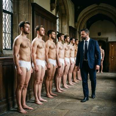 The professor scans the room, his gaze lingering on each muscular frame in tight briefs. Every flex, every curve—perfection...