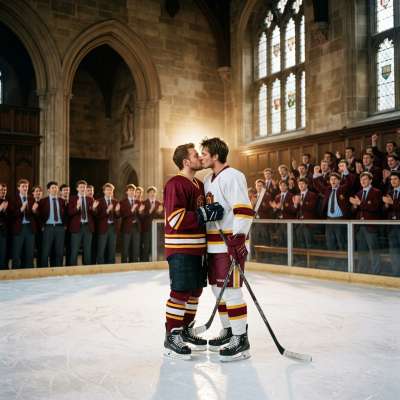 Two students share a passionate kiss on the hockey field, their uniforms clinging as the world fades away. The elite...