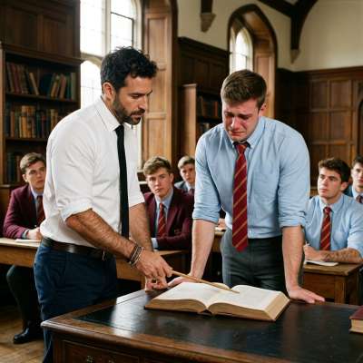 The stern professor watches as his rebellious student bends over the desk, the sharp crack of the ruler echoing through the...