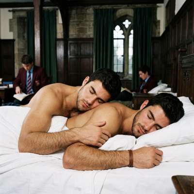 In the hallowed halls of an elite academy, two young men share a quiet moment, their bodies entwined in the golden glow of...