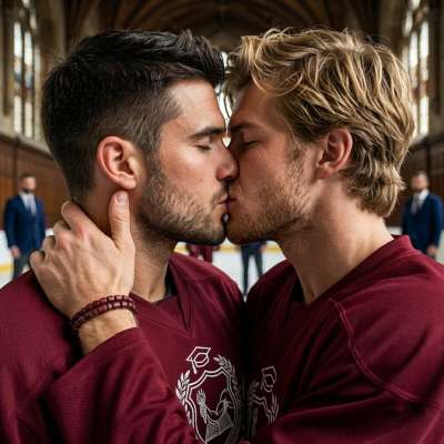 Two hockey players lock lips between classes at the elite academy—where every glance is a story, and every touch is a...