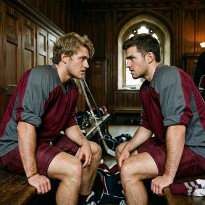 Two hockey players lock eyes in the locker room, tension thick in the air. The elite academy’s prestige only heightens the...