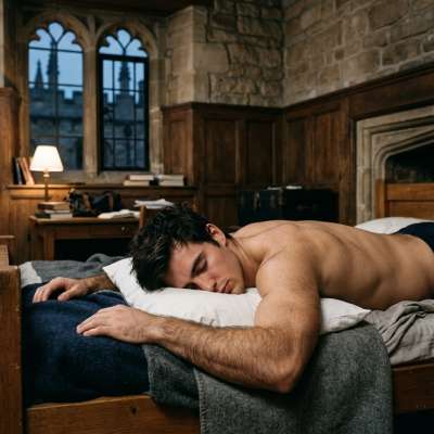 Lights dimmed in the grand dormitory, your silhouette rests—dreaming of tomorrow’s lessons in elegance and desire....