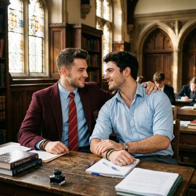 Two students sneak into the library after hours, their bodies pressed close in the dim light. One whispers, "Let me take...