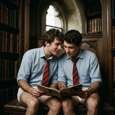 In the hallowed halls of an elite academy, two students sneak a peek at a forbidden gay mag, their eyes locked in silent...