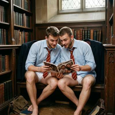 In the shadows of the prestigious academy, two students sneak a peek at the forbidden pages, their eyes locked in silent...