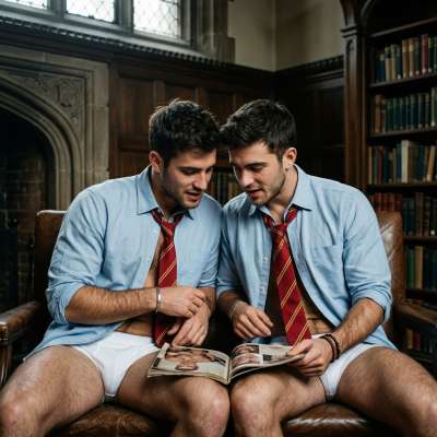 In the shadows of the grand academy, two students sneak a peek at a forbidden gay mag, their eyes locked in silent desire....