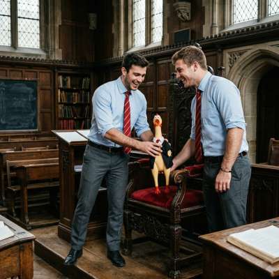 Two students sneak a rubber chicken onto the professor’s chair, setting the stage for a mischievous prank in the hallowed...