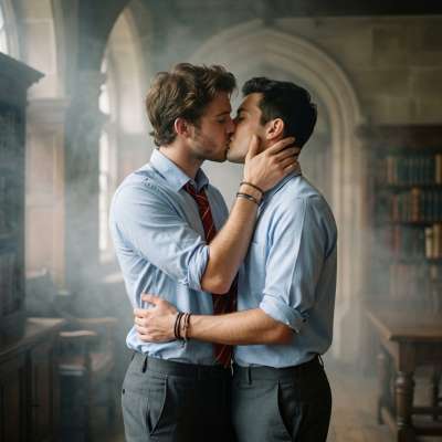 In the hallowed halls of St. Benedict's, where tradition meets desire, two scholars share a stolen moment—lips meeting in a...