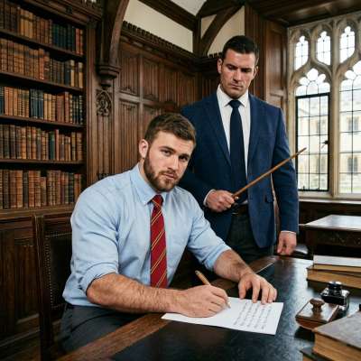 Professor’s orders: "I will respect the rules" written 50 times. Ink smudges his fingers, the scent of old paper and leather...