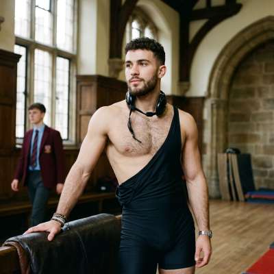 The academy’s halls hum as he strikes a pose, sweat glistening on his wrestler’s singlet. Every flex a sonnet to strength,...