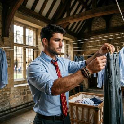 One crisp morning at the elite academy, the young scholar stretched out his laundry on the line, muscles taut beneath the...