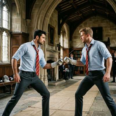 Swords clash in the hallowed halls of the academy. The clink of steel echoes as two students duel, each stroke a dance of...