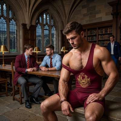One student lounges in his wrestling singlet, muscles flexing under the academy’s golden light. The elite halls hum with...