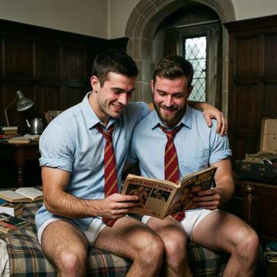 In the shadows of the grand academy, two students sneak a forbidden glance at a clandestine gay magazine, their eyes locked...