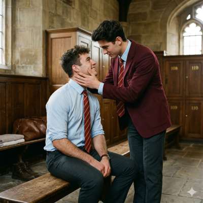 Two boys steal a moment in the locker room—whispers, lingering touches, the thrill of being caught. The air thick with...