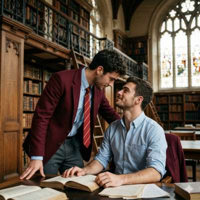 Whispers of parchment and stolen glances—his fingers brush yours as he reaches for the same book. The air hums with...