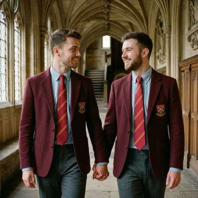 Hand in hand through tradition's halls-where uniforms can't hide the heat simmering beneath. Every step a silent challenge.