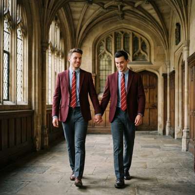 Hand in hand through the cloisters—where discipline whispers, and desire lingers in the shadows.