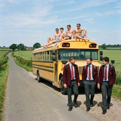 Sun-soaked scholars turning the school bus roof into their private academy sunbathing lounge. Discipline by day, relaxation...