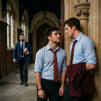 A quiet hallway, glances exchanged—where discipline meets curiosity. The unspoken tension lingers as tradition walks by....