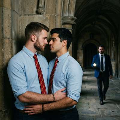 Two scholars share a charged glance as the instructor walks by—discipline meets desire in the halls of knowledge.