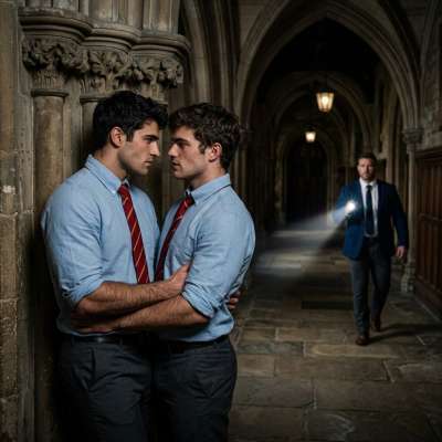 Two scholars share a charged moment under the academy’s arches—tension thick as the evening air. #muscle