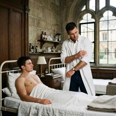 Doctor cleans his lab coat after student fails exam and ejaculates on him #medical #infirmary #shirtless #muscle