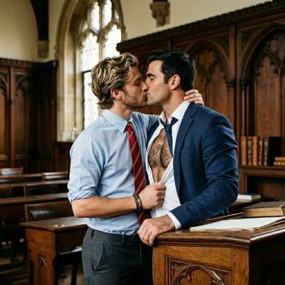A whispered lesson begins as ink-stained fingers trace the edge of a half-undone collar—where the classroom’s rules blur...
