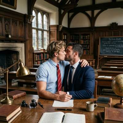 In the quiet hush of the grand library halls, ink-stained fingers trace old tomes while a kiss lingers—lessons written in...