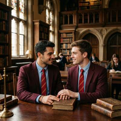 In the hushed glow of towering tomes, two scholars pause—fingers brushing over ancient leather, hearts beating in silent...