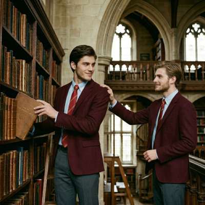 Between towering shelves of ancient wisdom, two scholars share a quiet moment—fingers brushing, secrets whispered in the...