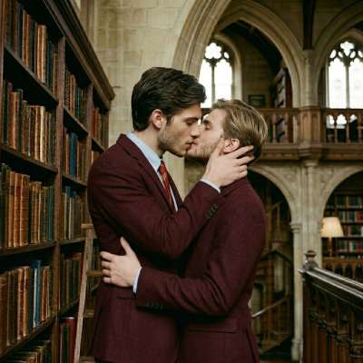 Beneath towering shelves of forgotten knowledge, two scholars lose themselves in a kiss—where every whispered word is a...