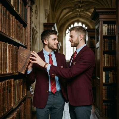 In the hushed halls of knowledge, two scholars share a quiet moment—fingers brushing over ancient tomes, hearts lost in the...