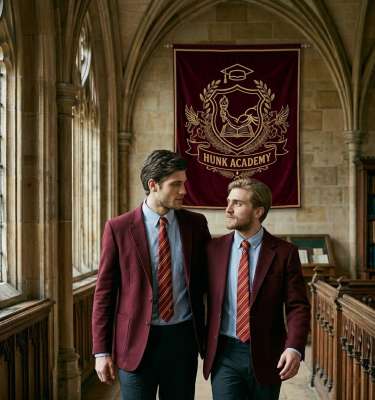 Two scholars stroll through sunlit halls, where whispers of ambition and quiet camaraderie weave through the stone arches....