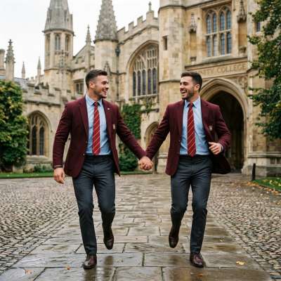 Hand in hand through cobblestone halls, where ambition meets tradition—two scholars sprinting toward the future, hearts as...