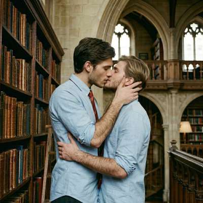 Between towering tomes and arched whispers, two scholars lose themselves in the quiet—ink-stained fingers tracing the spine...