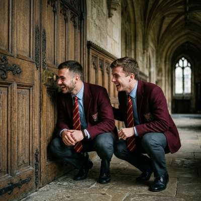 Peering through the keyhole, two scholars share a conspiratorial grin—academic secrets and whispered debates await beyond...