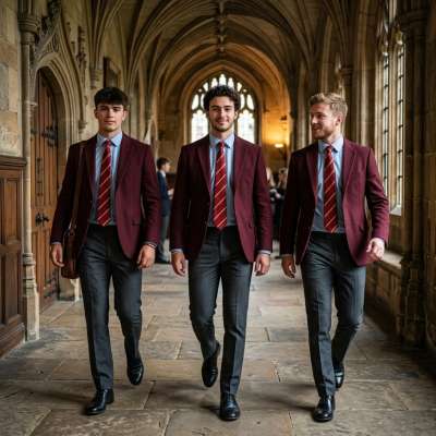 Three strides, three souls—where halls whisper secrets older than the stones beneath. The academy’s heartbeat in maroon and...