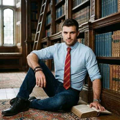 Between towering tomes and whispered history, he finds his place—not on the bench, but where the shelves meet the floor....