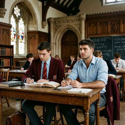 In the hushed grandeur of oak and stone, two minds converge over open books—where ink meets intellect, and the quiet...