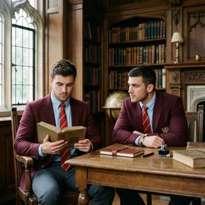In the hushed grandeur of the study hall, two minds converge—one lost in the whispers of ancient tomes, the other watching...