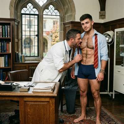 A scholar’s most intimate lesson—where the classroom blurs between anatomy and art. The stethoscope lingers, not just on the...
