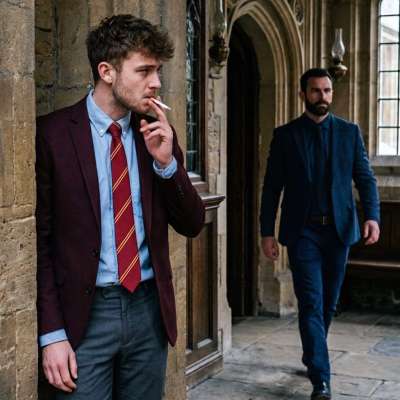 A quiet rebellion in the shadows of the academy—one stolen cigarette, a professor’s footsteps echoing closer. The tension...